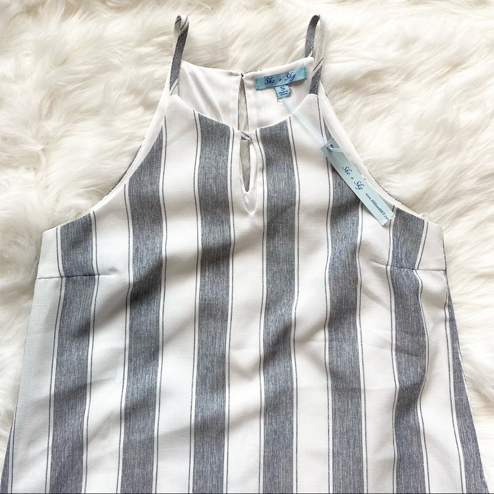 She + Sky | Striped Lined Shift Dress with Front Keyhole and Ruffle Hem | Small - Picture 4 of 7